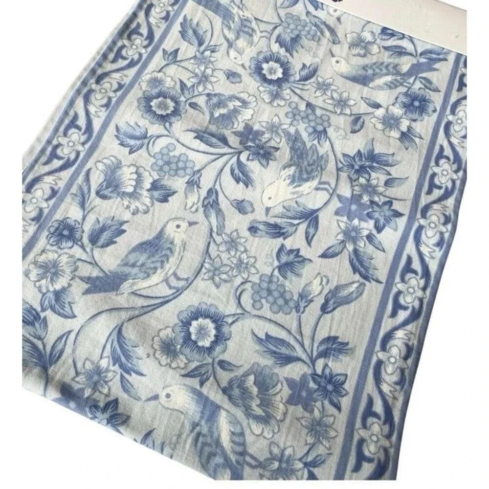 April Cornell Blue Table Runner 16x90 Floral Birds 100% Cotton French Country